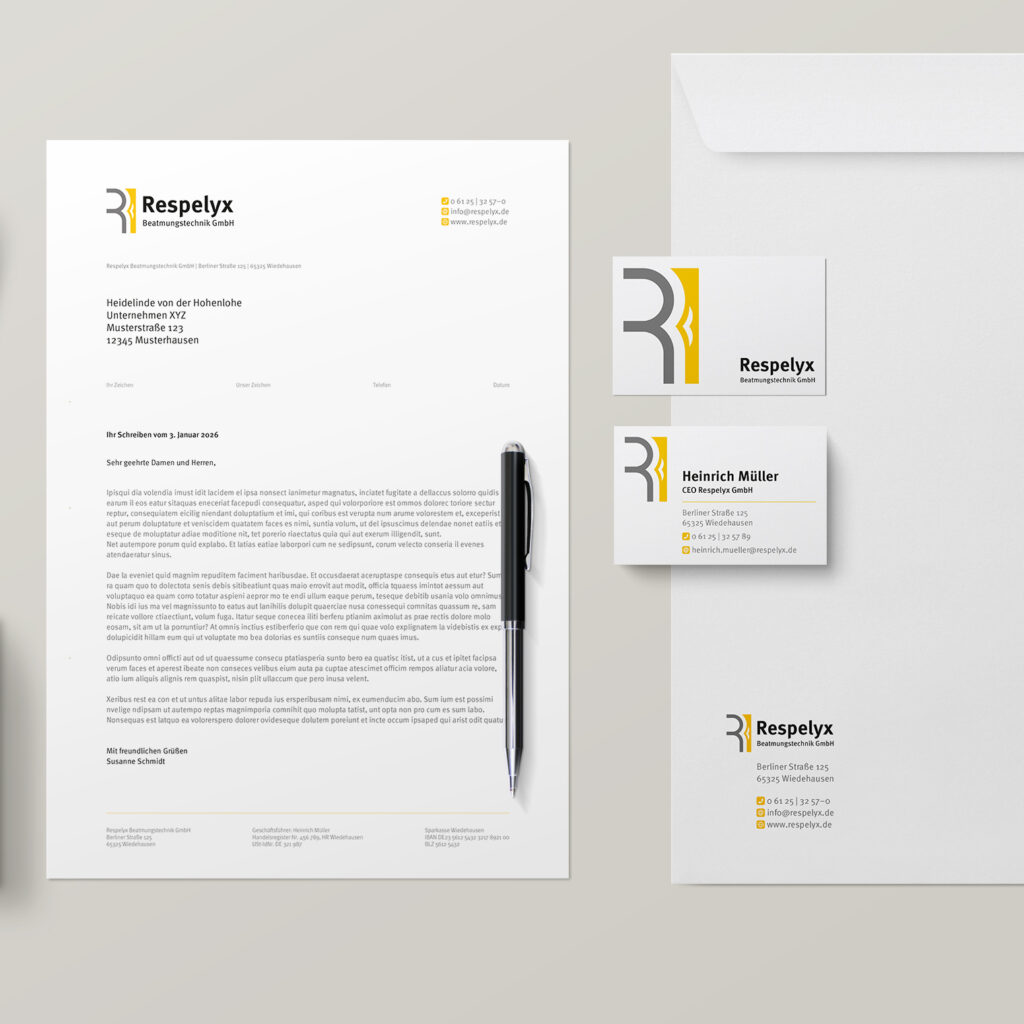 Aus dem Portfolio: Geschäftsausstattung der Firma Respelyx mit neuem Markendesign, hier ein Briefbogen und Vorder- und Rückseite von Visitenkarten sowie ein DIN-A4-Umschlag