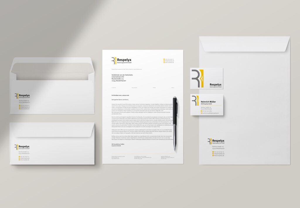 Überblick über die Geschäftsausstattung von Respelyx, hier Briefbögen, Umschläge und Visitenkarten, die mit der Entwicklung des Markendesigns für Respelyx entworfen wurden