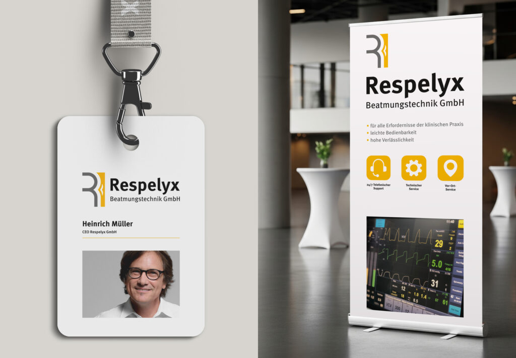 Geteiltes Bild mit links einer ID-Karte an einem Schlüsselband, rechts ein Rollup-Banner