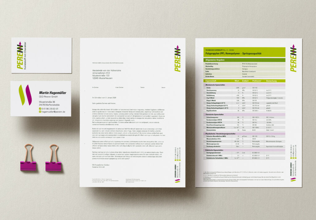 Geschäftspapiere der Perenn GmbH, Unternehmen der Kunststofftechnik; hier Visitenkarten, Briefbogen und Datenblatt